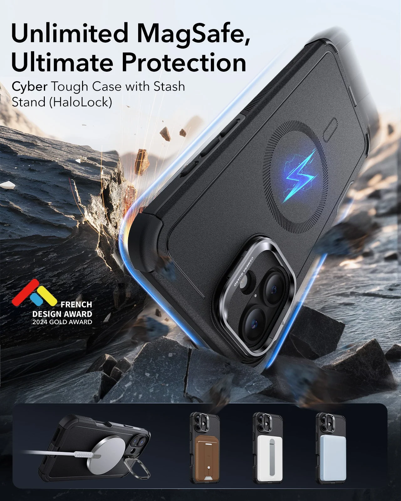  iPhone 16 Cyber Tough Case with Stash Stand (HaloLock)