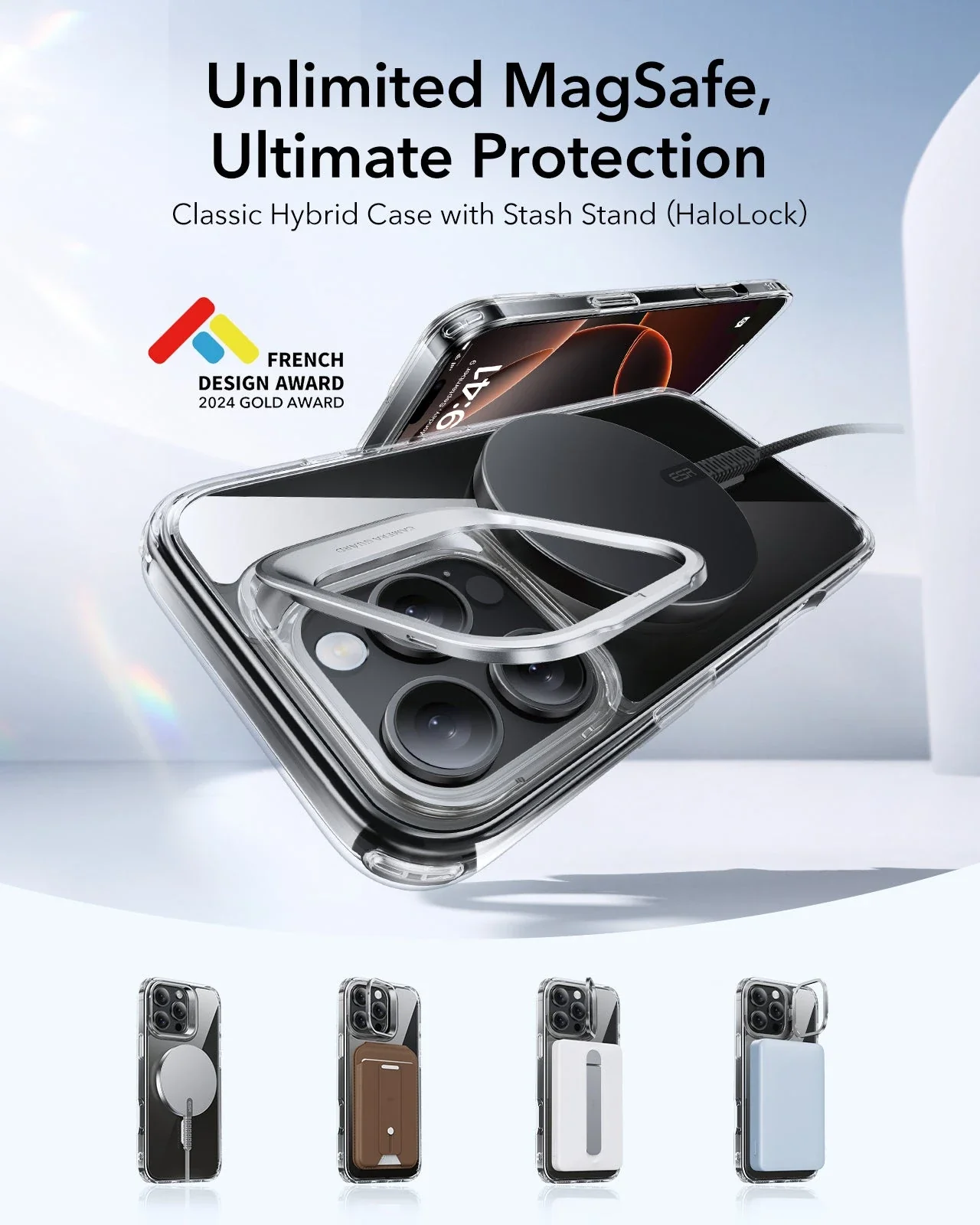  iPhone 16 Series Classic Hybrid Case with Stash Stand (HaloLock) - Clear/Black