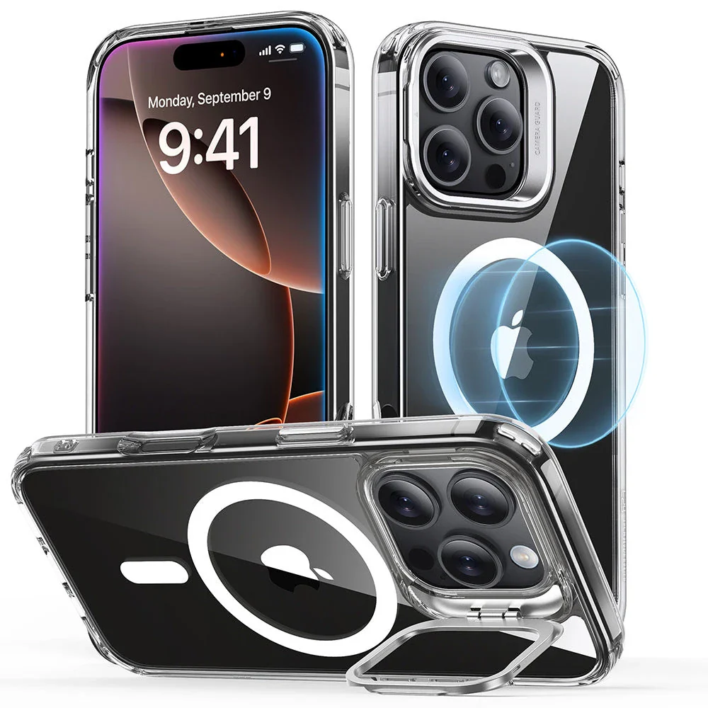 iPhone 16 Series Classic Hybrid Case with Stash Stand (HaloLock) - Clear/Black