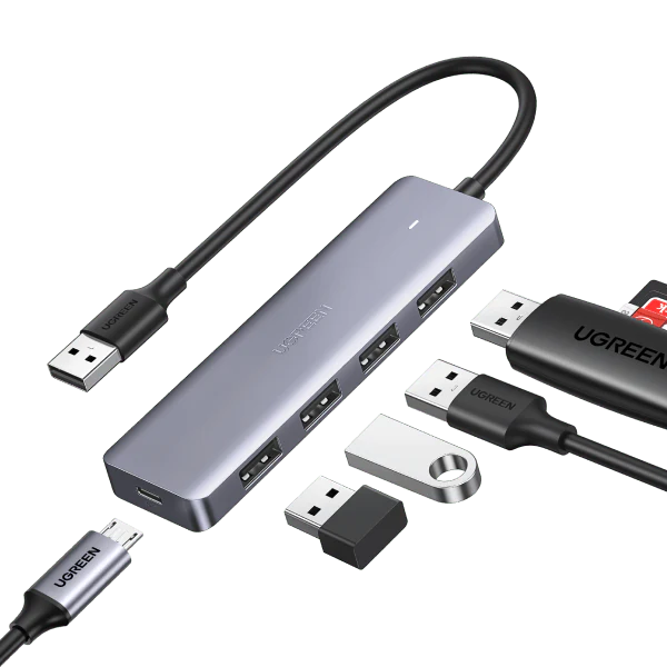 UGREEN 4Port USB 3.0 Hub + Powered by Micro USB  Metal Plated Shell  Ultra Slim